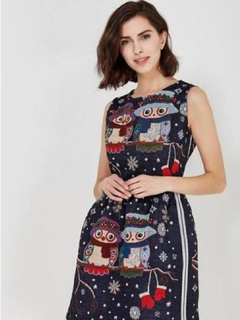 Sleeveless Navy Owl Print A-Line Dress